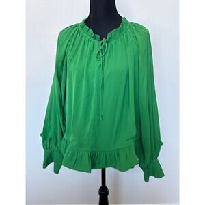 WoWo Long Sleeve Ruffle Trim Peplum Hem Blouse Top Green Womens Size Large